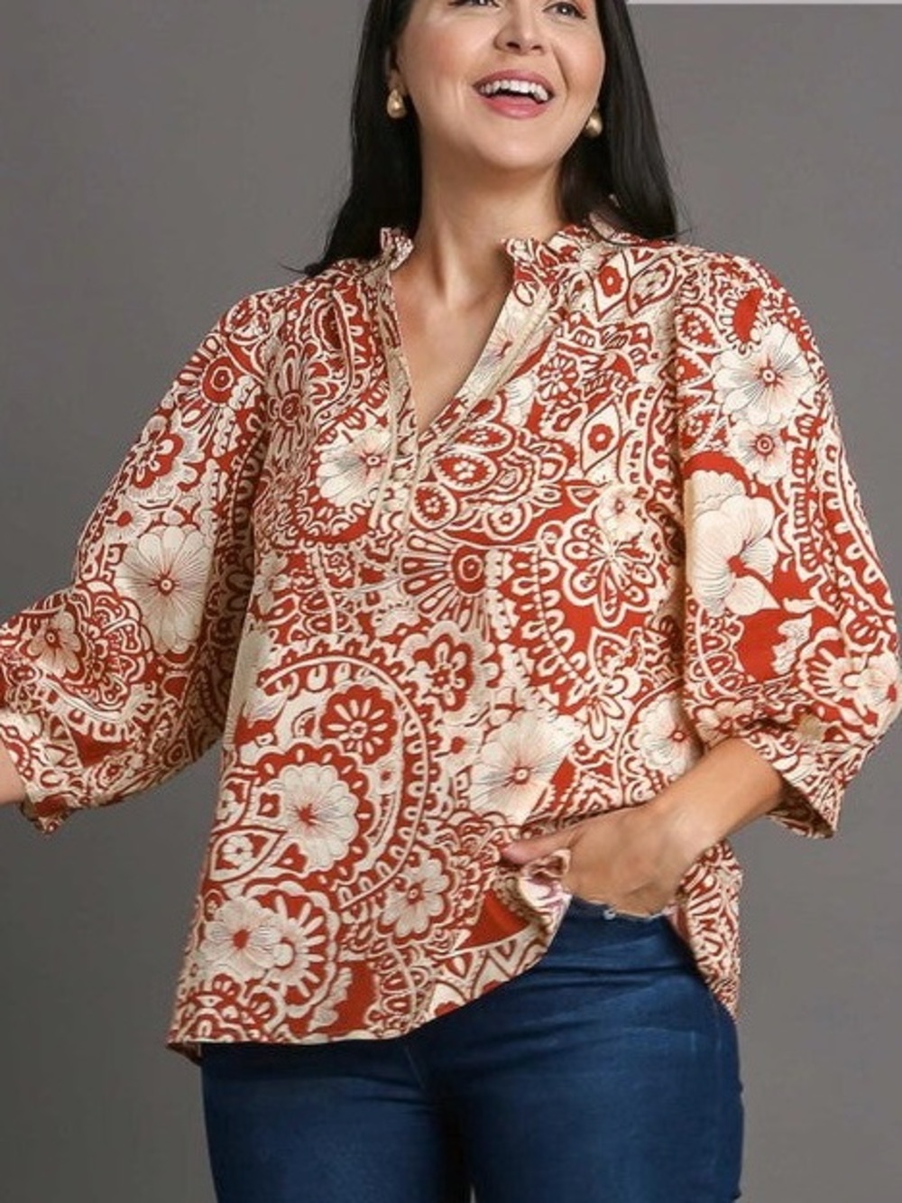 Umgee Cream and Red Floral V-Neck Ruffle Collar Button Detail Blouse S